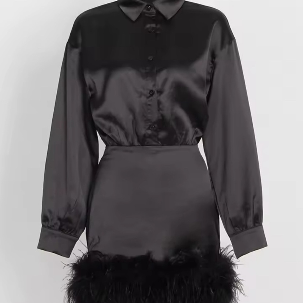House of CB Black Satin Long Sleeve Dress Feather Bronx banco